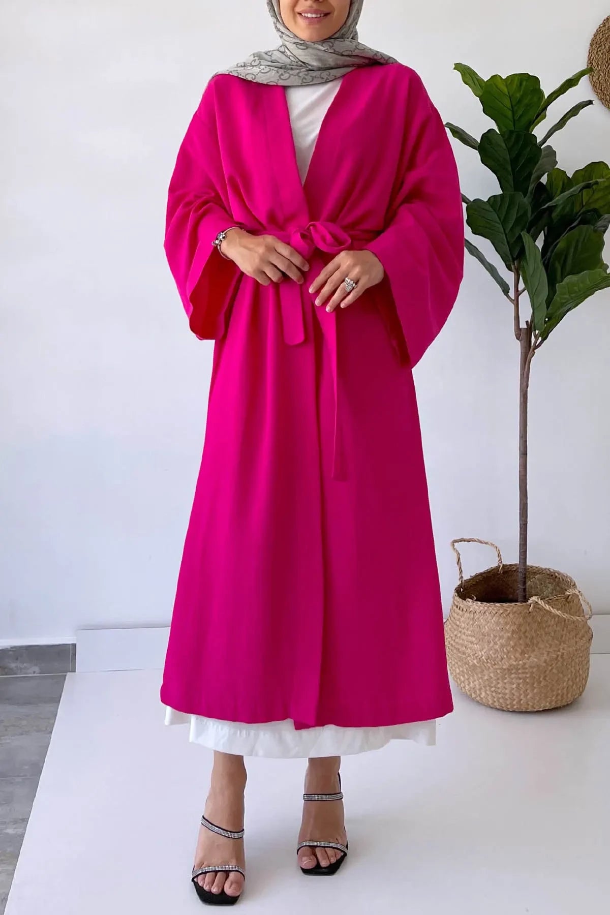 Long Belted Linen Kimono - Fuchsia