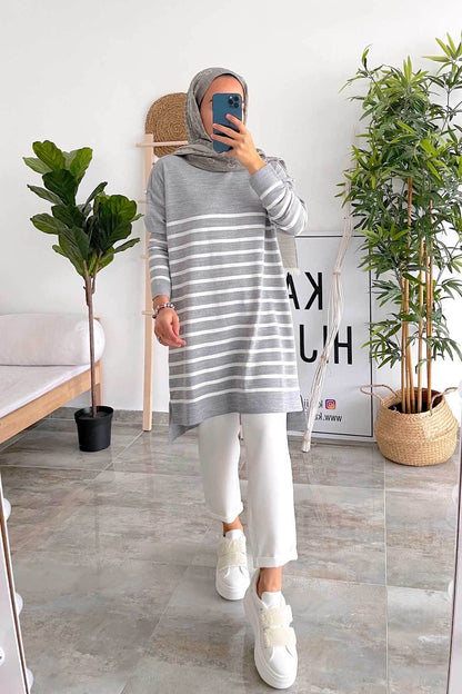 Button Detail Striped Knitwear Tunic - Grey