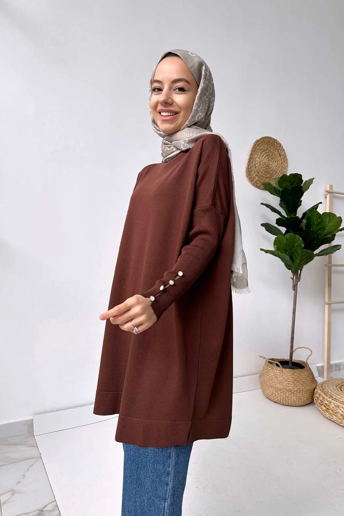 Sleeve Detail Mercerized Tunic - Brown