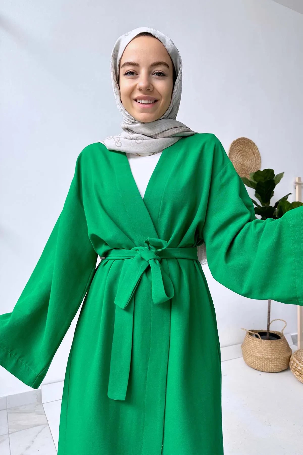 Long Belted Linen Kimono - Green