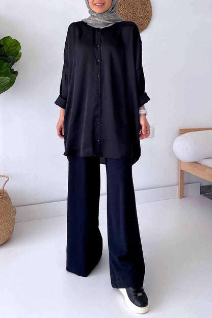 Oversize Satin Shirt - Black