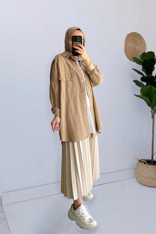 Long Pleated Skirt - Beige